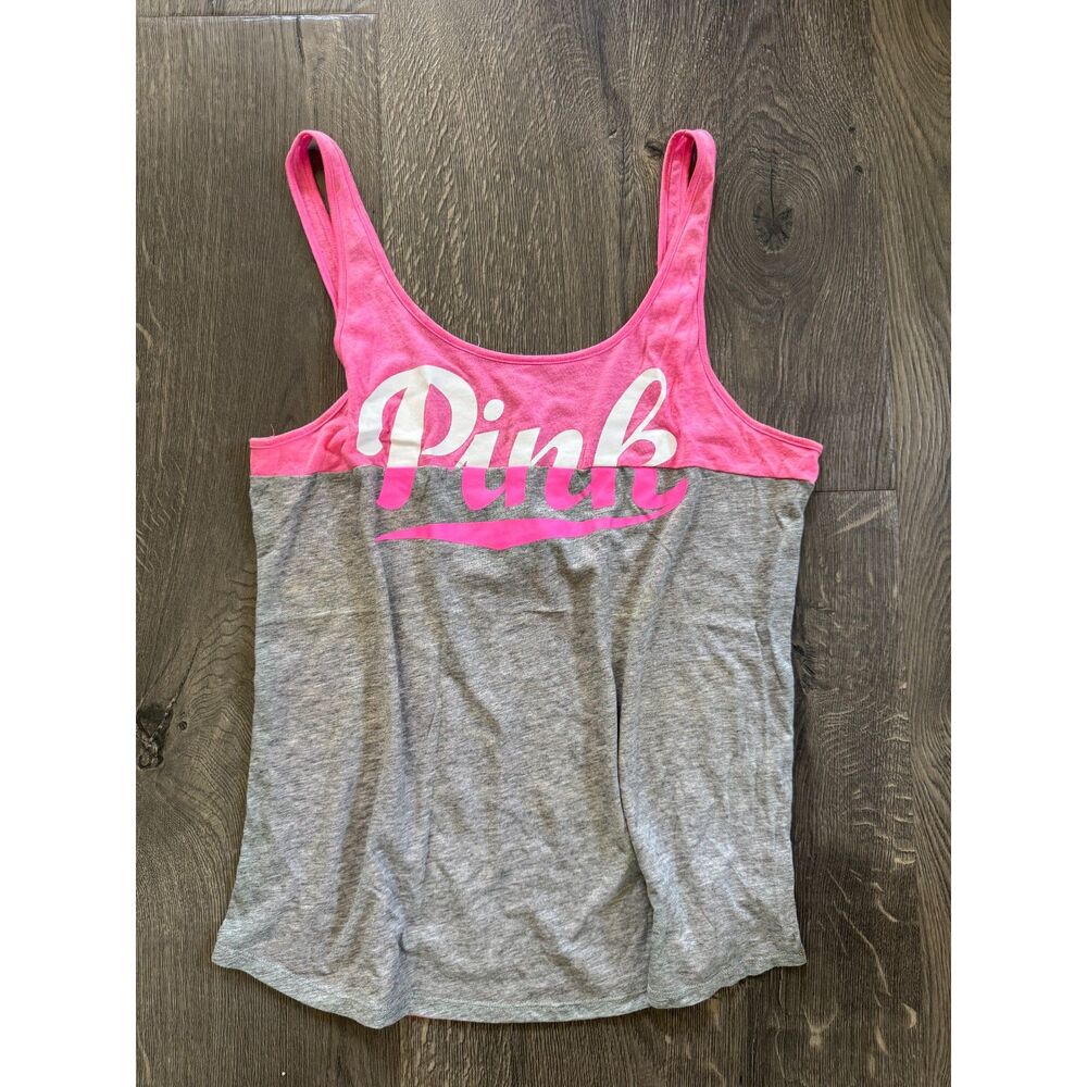 NEW PINK Victoria's Secret Logo Tank Top Gray White Shirt Low Back Colorblock M